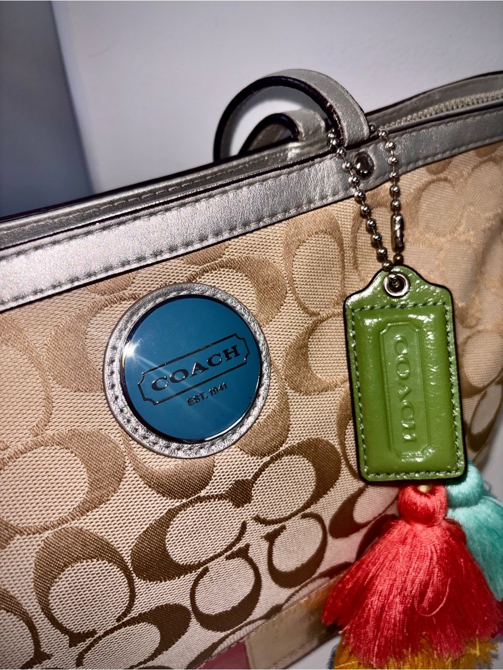 Coach Signature Stripe Tote Bag Khaki Multi Canvas Colorblock Tote Boho Chic - Picture 4 of 11